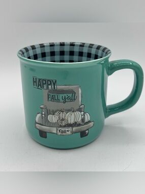 Happy Fall Yall Coffee Mug Green Checkered 10 oz New